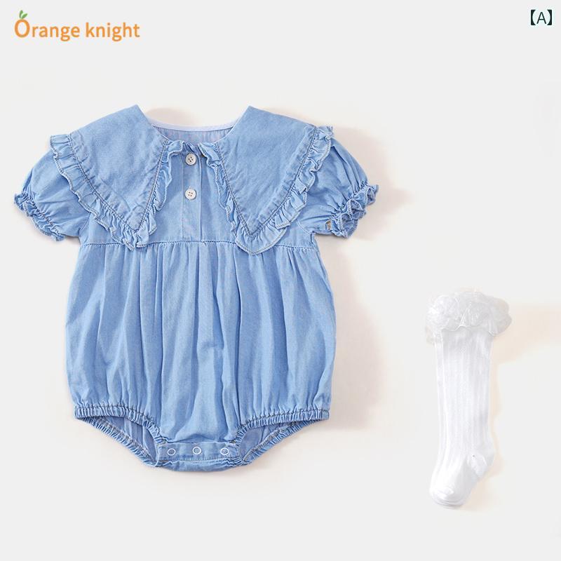 Rakuten - ロンパース ベビー服 ジャンプ スーツ デニム 夏 着用 新生児 女の子 ウォッシュ スーツ 三角 かわいい 服 薄手