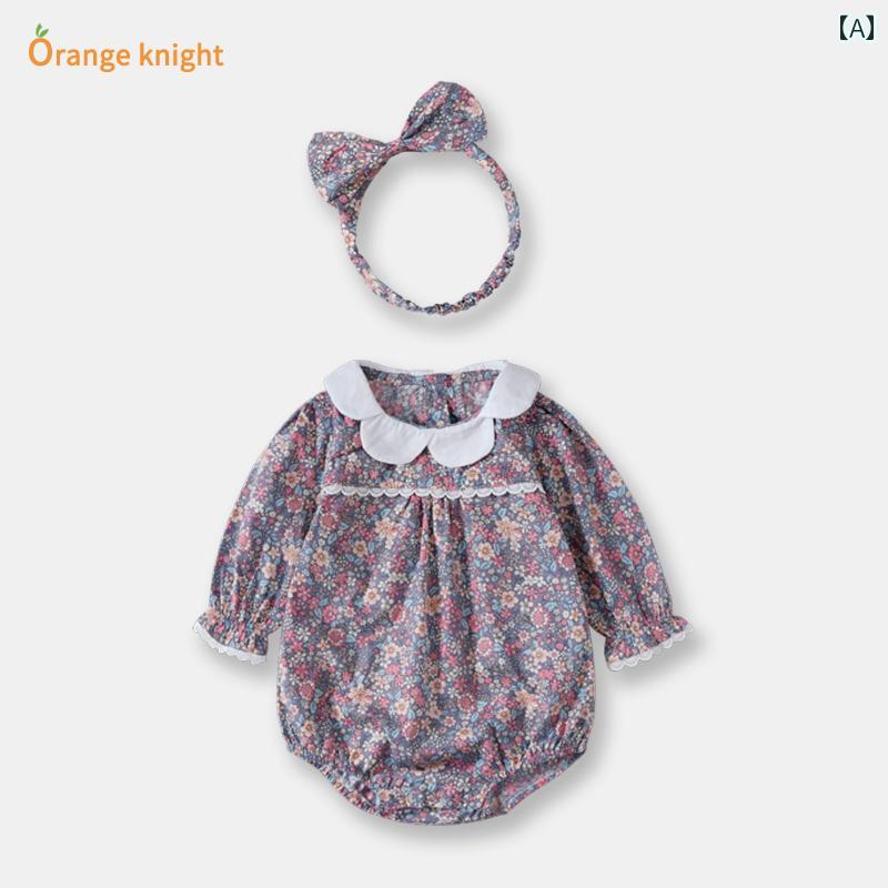 ロンパース ベビー服 カバーオール ジャンプ スーツ キュート かわいい 羽織 花柄 韓国 女の子 春 長袖 三角 クロール スーツ