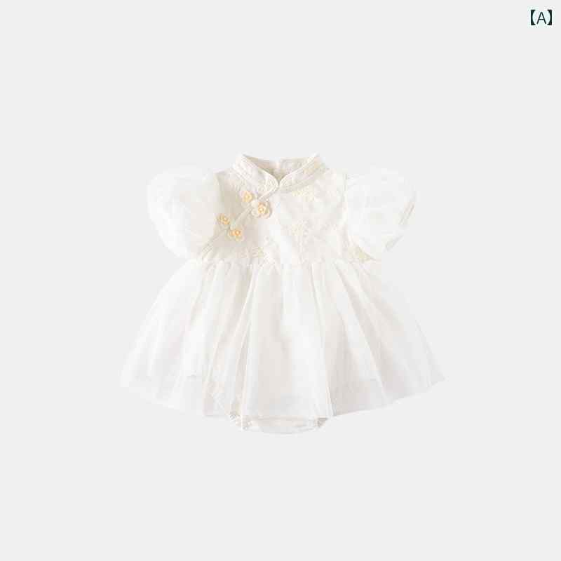 ドレス スカート ドレス ロンパース ベビー 夏服 ジャンプ スーツ かわいい 赤ちゃん チャイナ サマー レトロ プリンセス 女児 パフスリーブ 中華風 三角 薄手