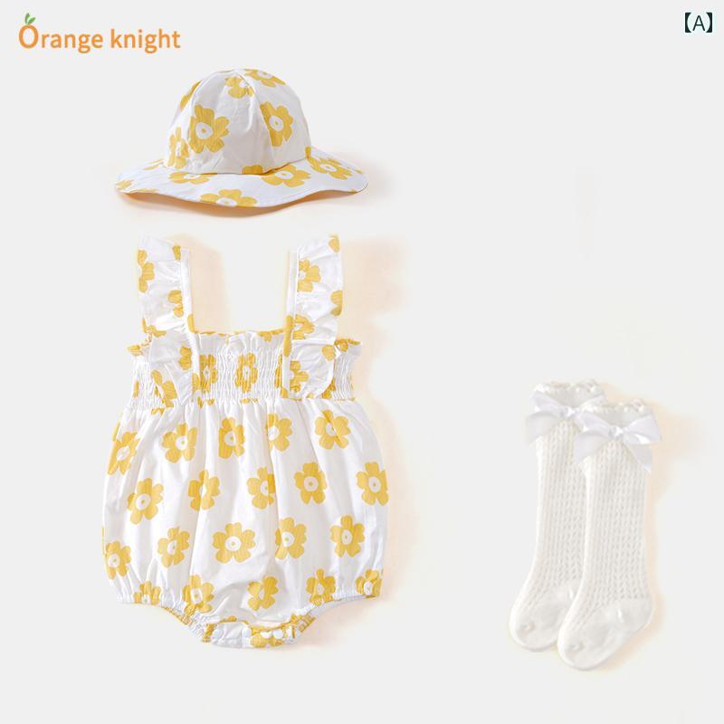 ロンパース ベビー服 新生児 夏用 ジャンプ スーツ かわいい 赤ちゃん 夏服 女の子 プリンセス サスペンダー ベルト 薄手 日よけ 帽子 セット 韓国
