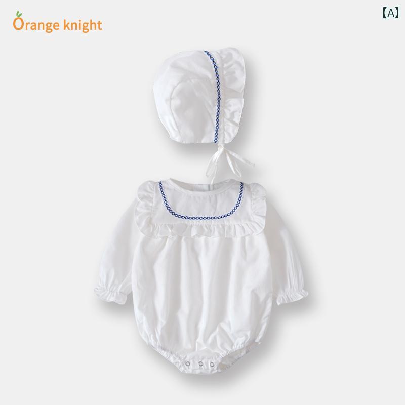 ロンパース ベビー服 カバーオール ジャンプ スーツ 生後1ヶ月 プリンセス 春秋 長袖 宮殿 帽子 三角 女児 赤ちゃん 100日 写真 服