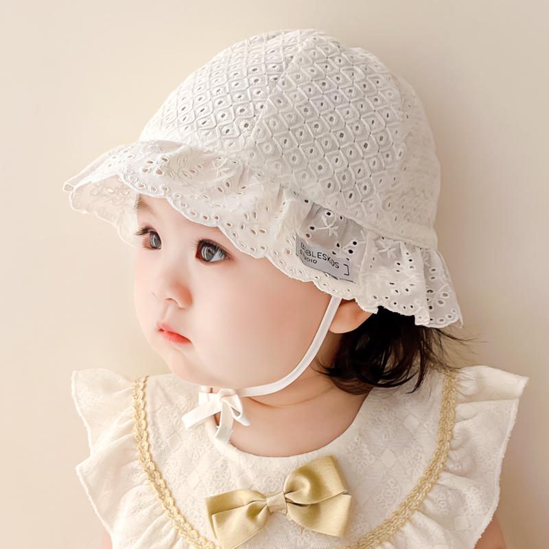 ベビー 帽子 かわいい サンハット キャップ レース ひも 通気性 ソフト 薄手 頭 ヘッド 保護 幼児 赤ち..