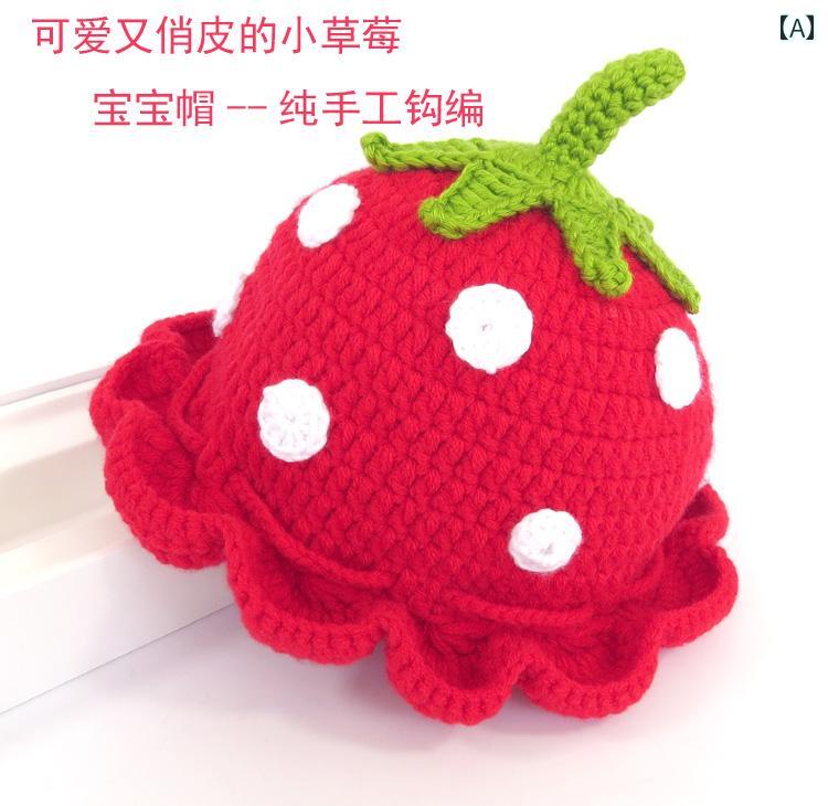 帽子 秋冬 ベビー ウール 女の子 フィッシャーマンハット 日よけ 012歳 ストロベリー 手編み 赤ちゃん かわいい イチゴ