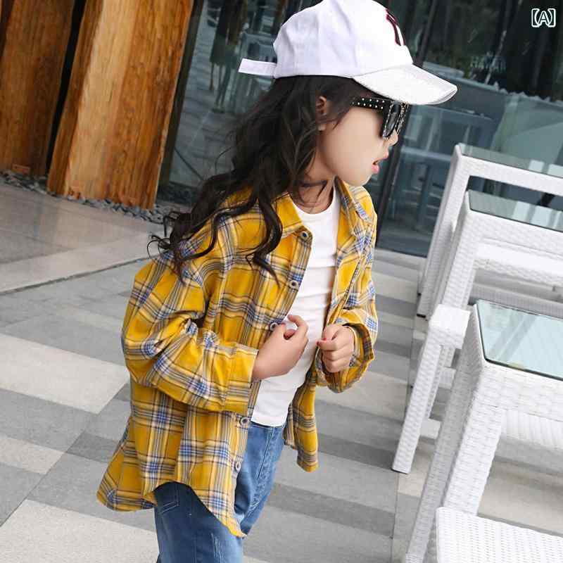 シャツ トップス キッズ ファッション 春 子供服 女の子 チェック柄 ショート フロント ショート ロング バック 不規則 長袖 韓国