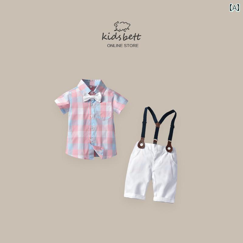 子供服 かわいい セットアップ ベビー 幼児 キッズ サマーウェア 男の子 スーツ 夏服 おしゃれ サロペット 半袖 2点 セット 紳士 一歳 ワンピース 夏服