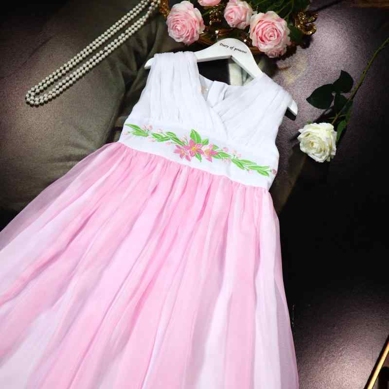 ドレス ワンピース かわいい キッズ ファッション 女の子 夏 中華風 刺繍 コントラスト ピンク ロング ..