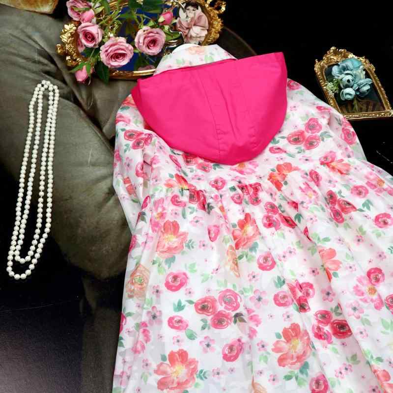 ジャケット キッズ ファッション 子供服 女の子 春 スタイル ローズ 花柄 フリル ウインドブレーカー フード付き パーカー ミドル丈 中 大型 子供