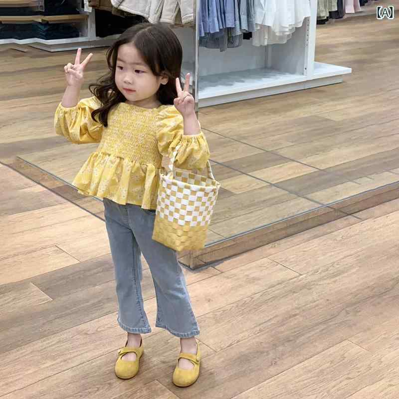 シャツ キッズ ファッション カジュアル デニム 韓国 女の子 服 スタイリッシュ 春 スーツ 子供用 黄色 パフスリーブ 花柄 ジーンズ 2点 セット