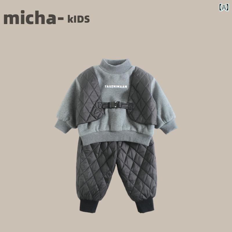 子供服 セットアップ カジュアル かわいい 男の子 韓国 フェイク ツーピース ベルベット スウェットシャツ セット 秋冬 赤ちゃん 厚手 暖かい ツーピース セット