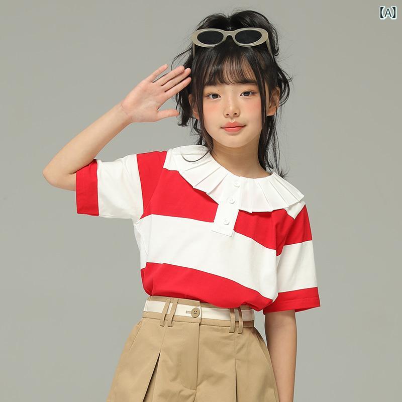トップス ポロシャツ キッズ おしゃれ ナチュラル 小さい 女の子 夏 ストライプ 薄手 Tシャツ 子供用 人形 襟 中型 大きい 子供用 半袖