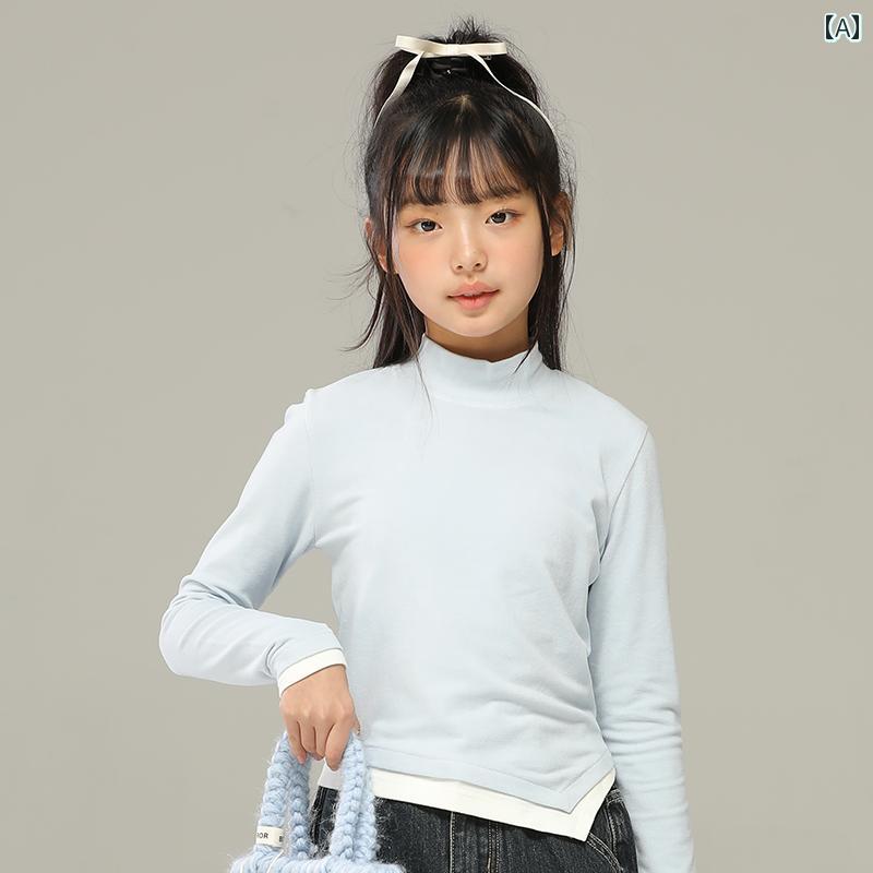 トップス シャツ 子供服 おしゃれ ナチュラル 普段着 キッズ 女の子 春秋 ステッチ スリム 子供用 不規則 裾 快適 ミッド カラー Tシャツ 女性用