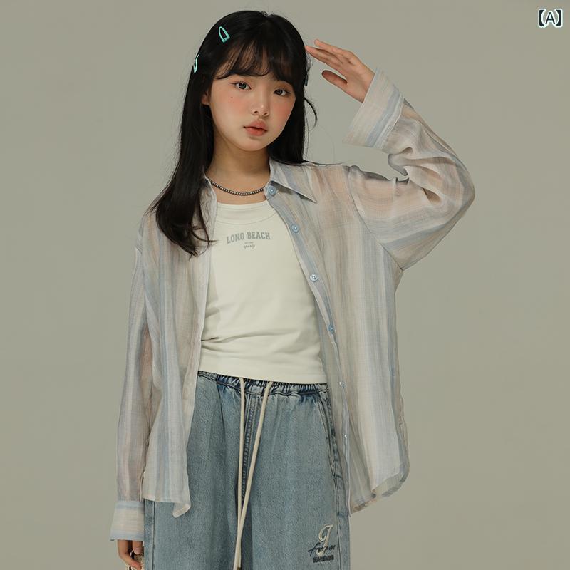 Other - トップス シャツ 子供服 おしゃれ ナチュラル 普段着 キッズ 小さい 女の子 夏 薄手 快適 ブルー ストライプ 織り目 加工 日焼け防止 子供用 女性