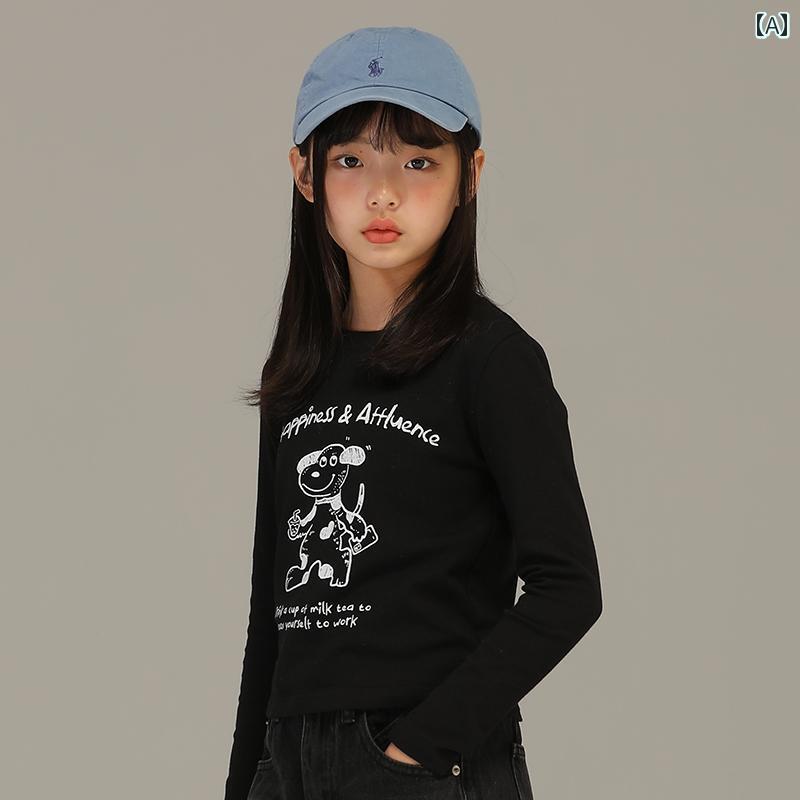Occidental Goods - トップス 子供服 おしゃれ ナチュラル 普段着 キッズ 女の子 秋冬 手描き かわいい 子犬 プリント 大きい 子供用 ラウンドネック ブラック インナー 重ね着 女性用