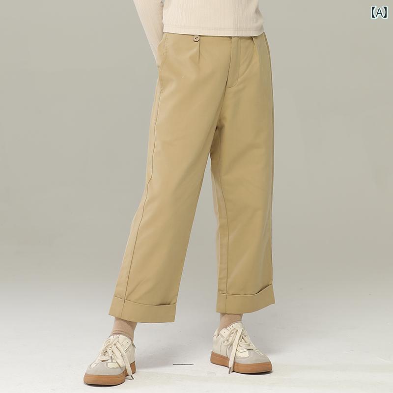パンツ カジュアル 子供服 ボトムス ナチュラル 動きやすい キッズ 女の子 春秋 ハイウエスト スリム 子供用 カーキ ストレート ヘム 九分丈 レディース