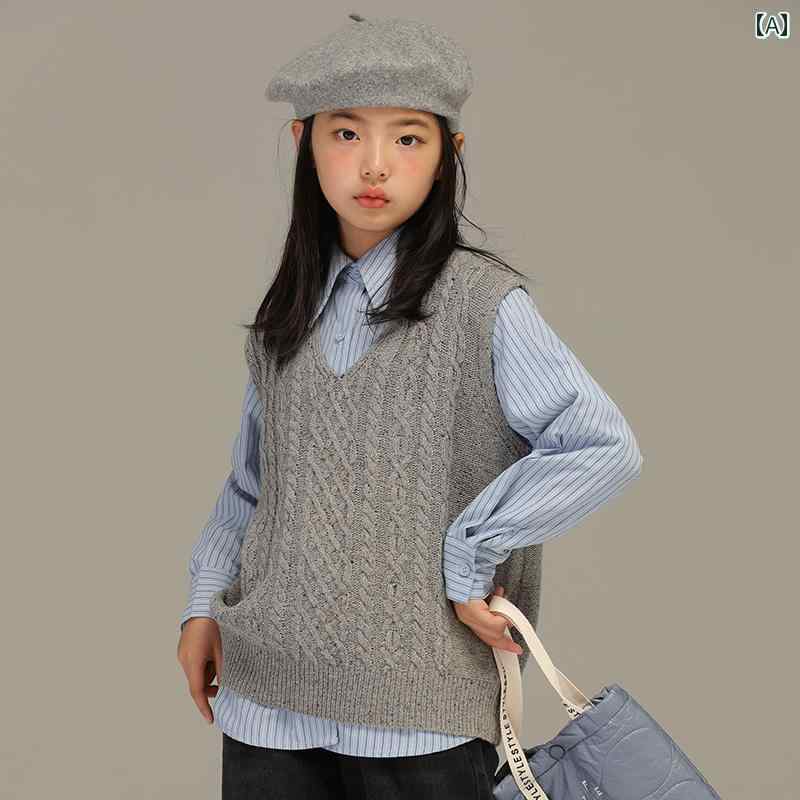 ノースリーブ ベスト 子供服 カジュアル ナチュラル 普段使い キッズ 女の子 秋冬 カレッジ グレー Vネック ツイスト ベスト 以上 お 子様 ニット ベスト 着用