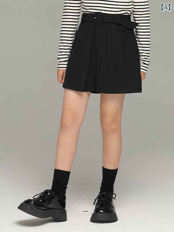 樂天商城 - スカート 子供服 ボトムス ナチュラル 普段着 キッズ 女の子 春秋 プリーツ ベルト 子供用 ハイウエスト カレッジ スタイル aライン ブラック