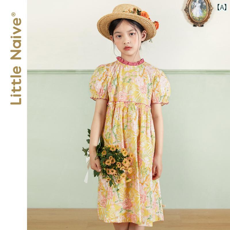 ドレス スカート キッズ ワンピース おしゃれ かわいい 女の子 子供服 夏 レトロ スタンドカラー a ライン パフスリーブ 子供 花柄
