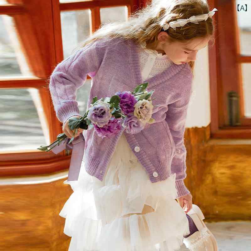 トップス セーター おしゃれ 子供服 キッズ 子供 カーディガン 紫色 大きい 子供 春 ニットカーディガン