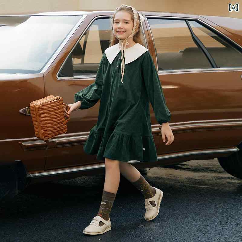 ドレス スカート キッズ ワンピース おしゃれ かわいい 女の子 子供服 春秋 長袖 園児 小学生 コーデュロイ 女性