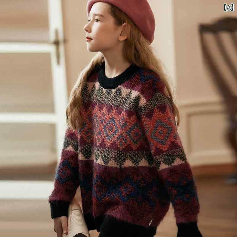 トップス シャツ セーター おしゃれ 子供服 キッズ 春秋 プルオーバー レトロ 子供 ラウンドネック ジャカード