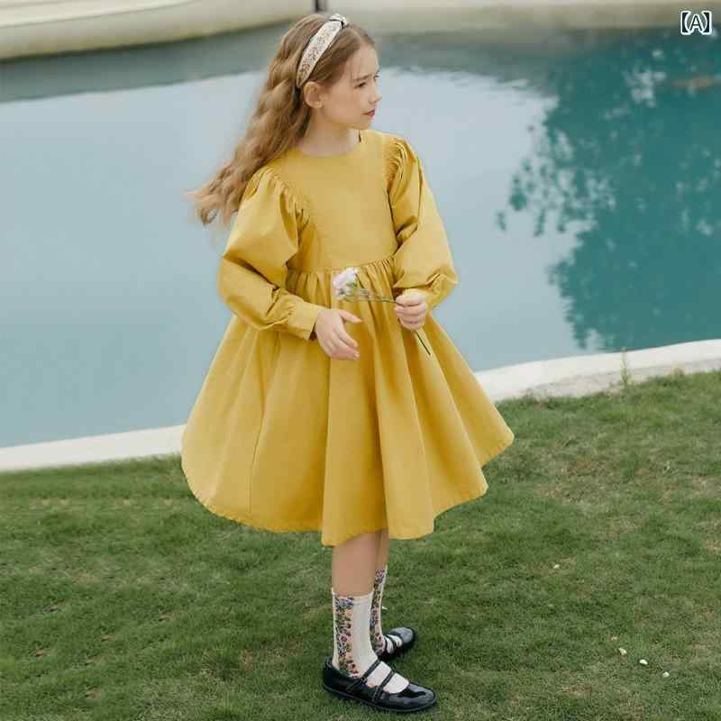 ドレス スカート キッズ ワンピース おしゃれ かわいい 女の子 子供服服 長袖 ランタン スリーブ 秋 膝上 ロング