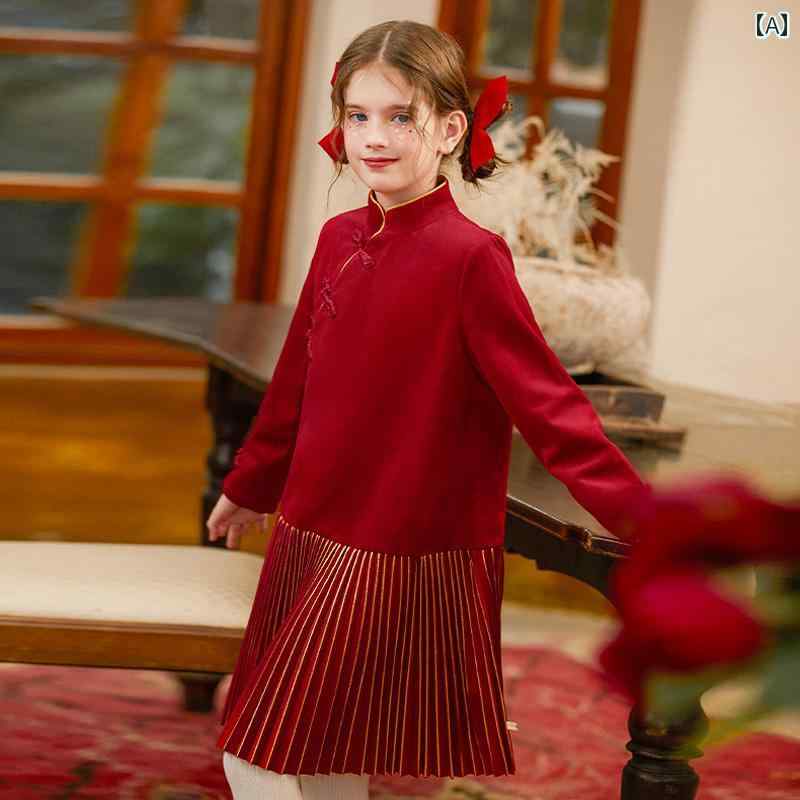 ドレス キッズ ワンピース おしゃれ かわいい 女の子 子供服 中華風 チャイニーズ スタイル 赤い チャイナ 冬 子供 挨拶