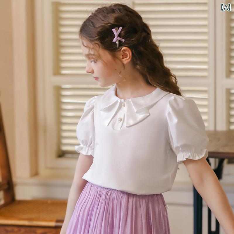 トップス Tシャツ 半袖 子供服 カジュアル キッズ ガールズ 春夏 無地 ボウ カラー パフスリーブ スタイル