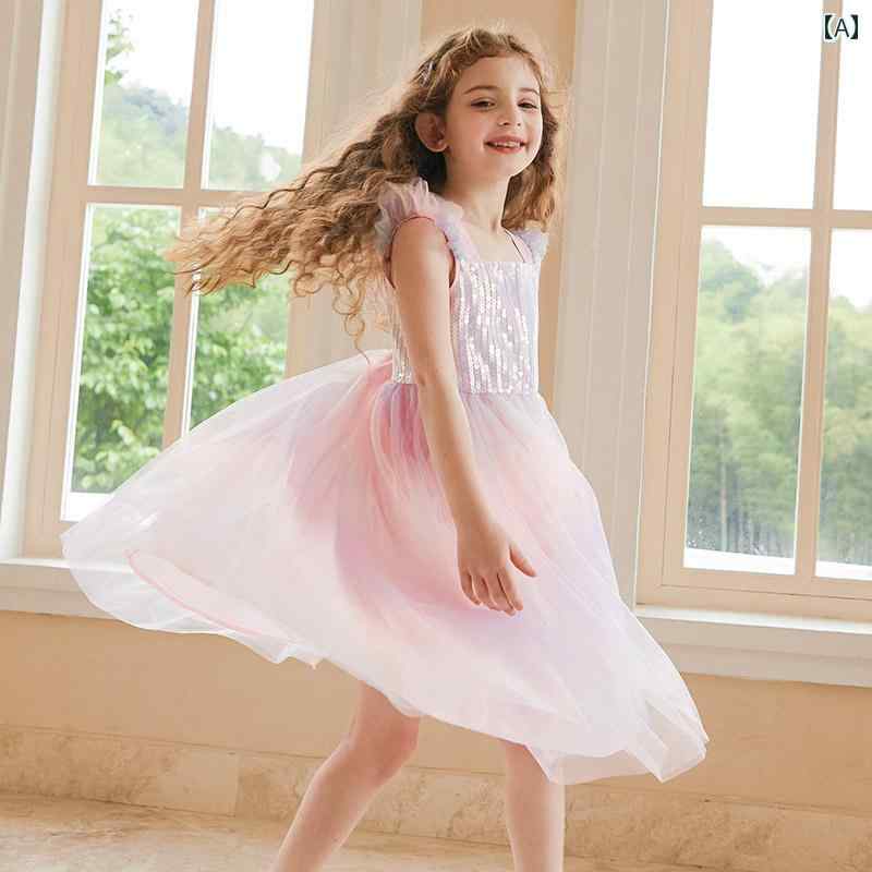 ドレス スカート キッズ ワンピース おしゃれ かわいい 女の子 子供服 プリンセス 夏 グラデーション スパンコール ノースリーブ ガーゼ フライング スリーブドレス