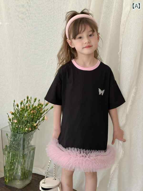 ドレス スカート ワンピース キッズ ガールズ 夏 子供用 Tシャツ コントラスト メッシュ プリンセス ベ..