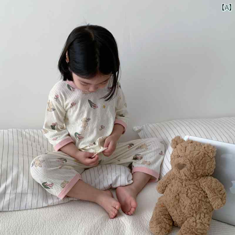 Rakuten - パンツ キッズ パジャマ ルームウェア 夏 男の子 女の子 子供用 クラス A 綿 ホーム 服 セット イン ベビー ミッド スリーブ ミッド 快適 服