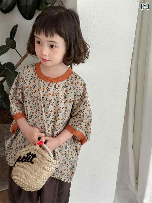 シャツ トップス 子供服 かわいい 夏 男の子 女の子 子供用 半袖 Tシャツ 赤ちゃん レトロ 花柄 カジュアル 西洋 兄弟 姉妹