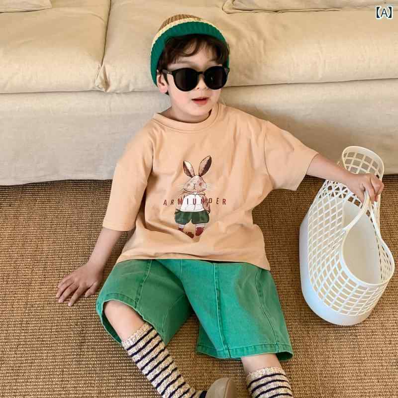 トップス Tシャツ 子供 半袖 男の子 女の子 夏 イン ウサギ プリント ベビー スポーツ 半袖 プルオーバー 綿