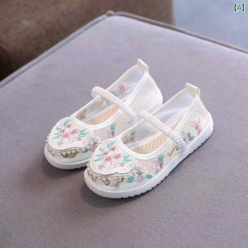 シューズ 靴 子供靴 かわいい メリージェーン 歩きやすい キッズ 女の子 刺繍 スタイル レトロ 衣装 メッシュ 中華風 古風 布靴 韓服(4.0)