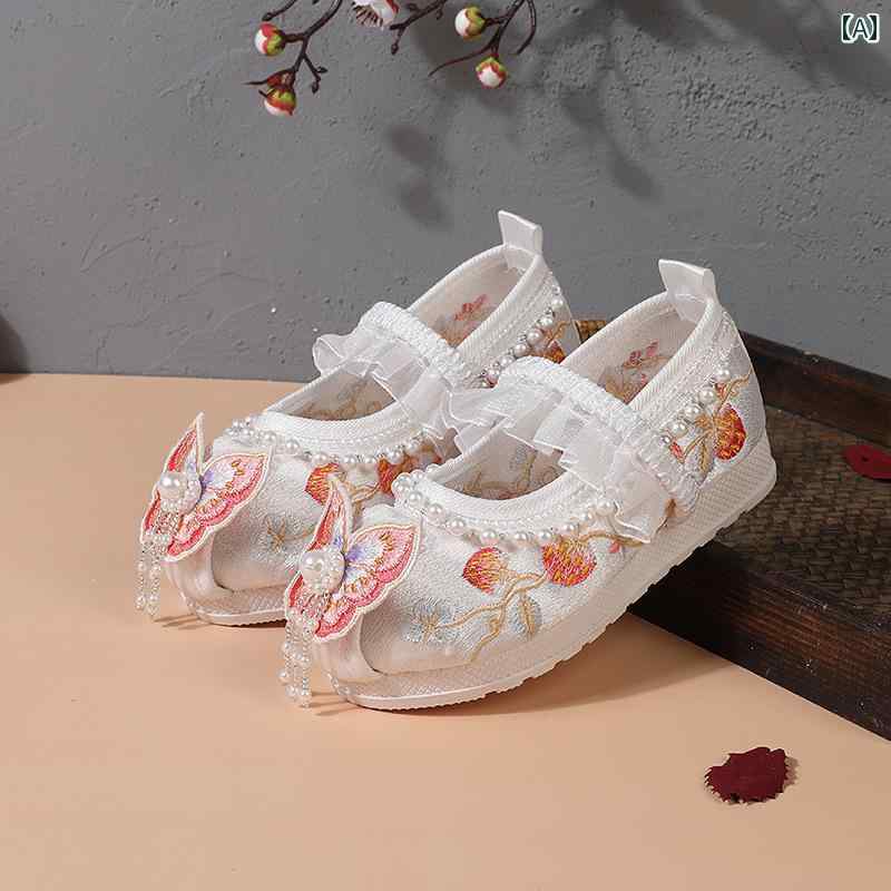 신발 신발 아이 신발 귀여운 메리 제인 걷기 쉬운 키즈 한복 소녀 여름 복고 의상 고풍 그물 아이 퍼포먼스 공주 자수