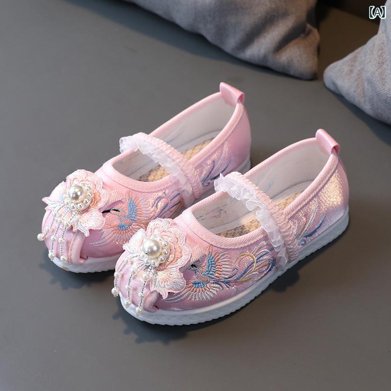 シューズ 靴 子供靴 かわいい メリージェーン ベビー キッズ 歩きやすい 女の子 馬顔スカート レース トリム 漢服 古風 布靴 アンティーク 風 刺繍入り かわいい プリンセス