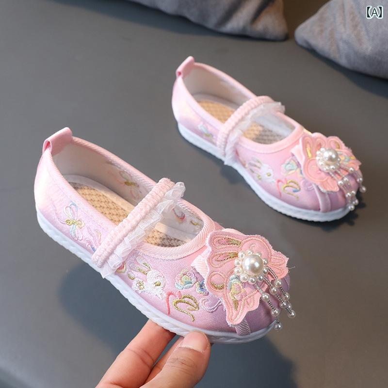 シューズ 靴 子供靴 かわいい メリージェーン ベビー キッズ 歩きやすい 子供用 古風 布靴 女の子 刺繍入り レトロ 衣装 女の子用 漢服 レトロ リトル プリンセス パフォーマンス