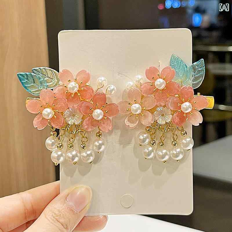 ヘア アクセサリー かわいい キッズ タッセル プリンセス レトロ 少女 漢服 頭飾り 花 レトロ 子供 ヘ..