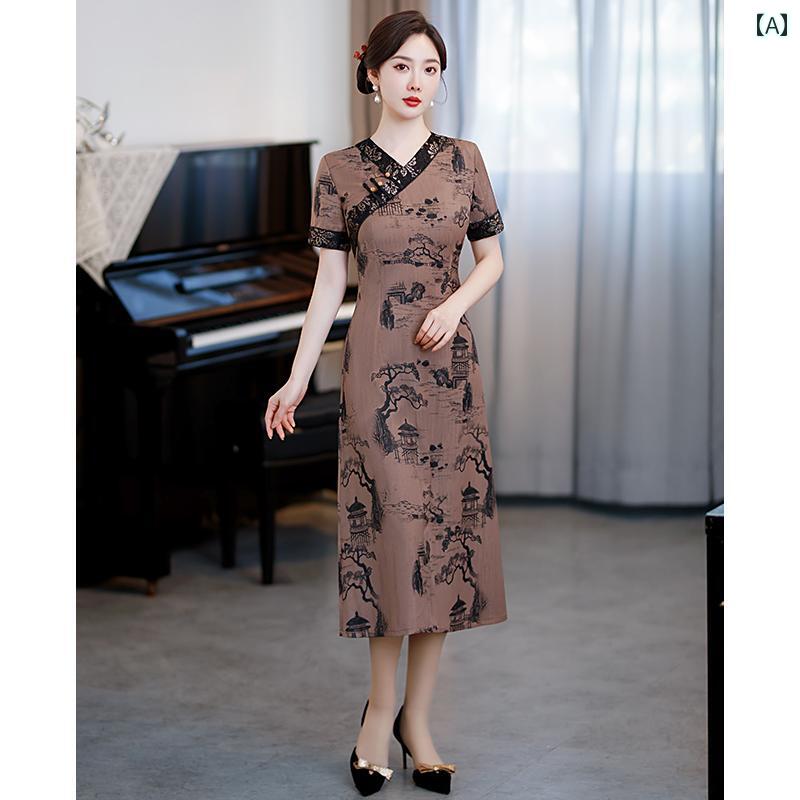 ドレス チャイナ 夏 マザーズ 上品 おしゃれ ワンピース 洗練 大人 レディース パーティー 同窓会 中華風 子供 レトロ 民族風 ゆったり 低襟 ママ 女性