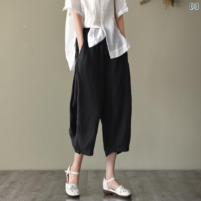 パンツ クロップドパンツ レディース ボトムス アジアン レトロ 文学 リネン ブルマ 女性 夏 薄手 弾性 ウエスト スリム 子供 カジュア..