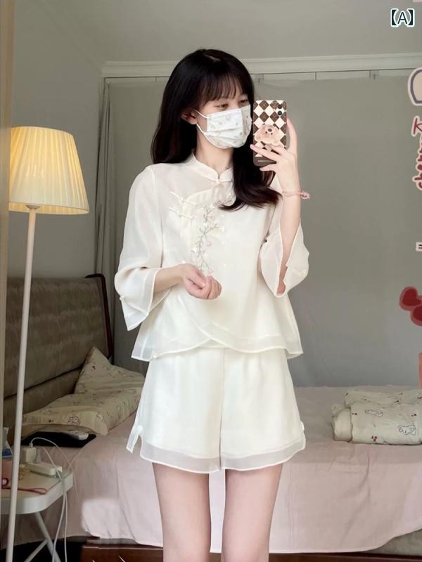 トップス レディース ファッション 中華風 ライト 子供 スーツ 夏 刺繍 ボタン ワイド レッグ ショーツ ツーピース セット