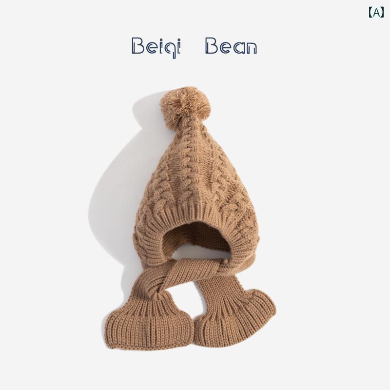 ニット帽 キッズ 秋冬 子供用 帽子 スカーフ 一体型 ウール キャップ 韓国 ベルベット 暖かい ニット ..