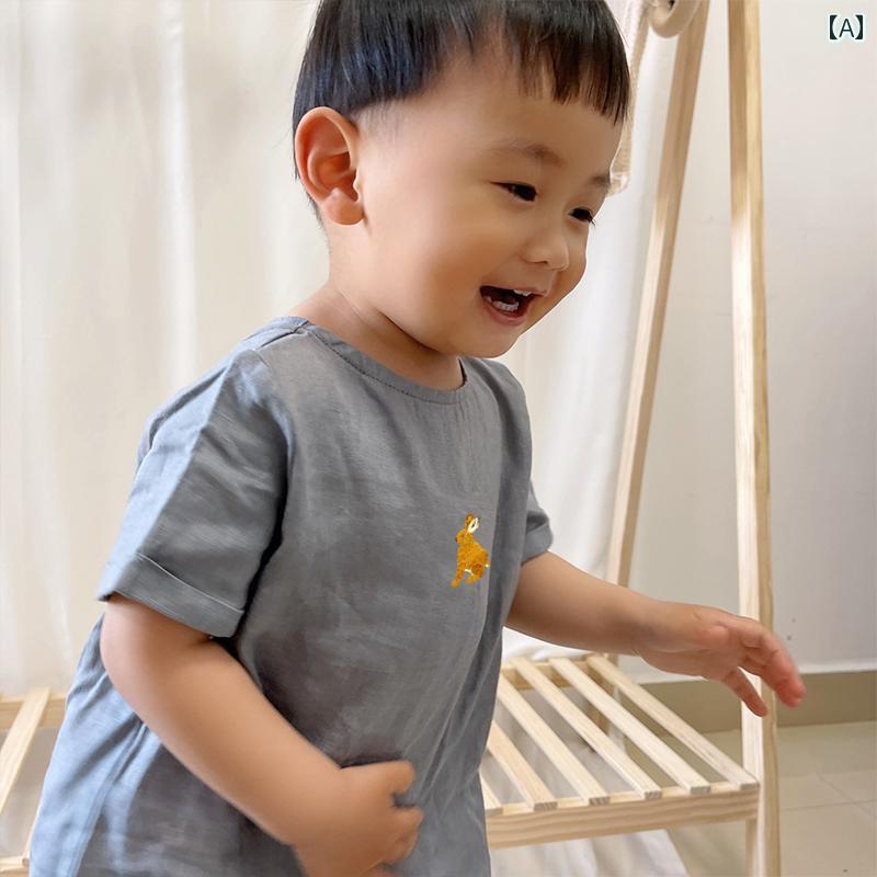 シャツ パンツ 子供服 かわいい 兄妹 リンクコーデ 男の子 女の子 子供用 コットンリネン 手 刺繍 半袖 Tシャツ 夏 半袖 ショート スーツ