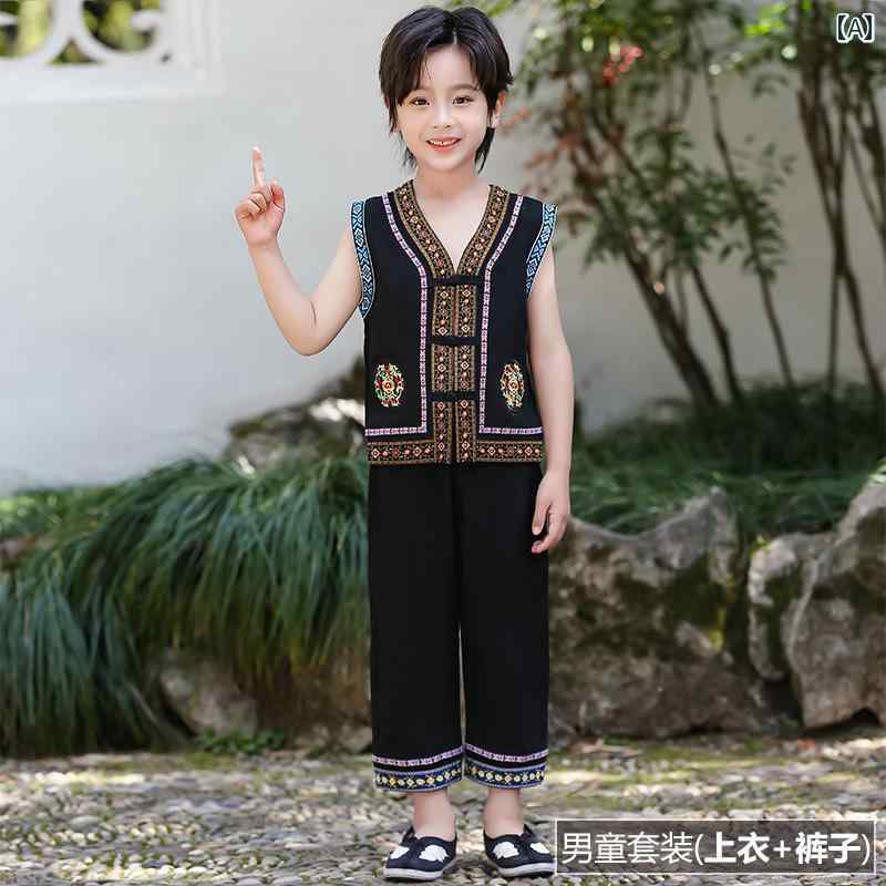 キッズ 民族衣装 子供服 かわいい リンクコーデ 姉弟 兄妹 写真撮影 男の子 ダンス 衣装 パフォーマンス 衣装 子供用 衣装 少数 民族 チワン 族 イー 族 衣装 夏 子供 日 衣装