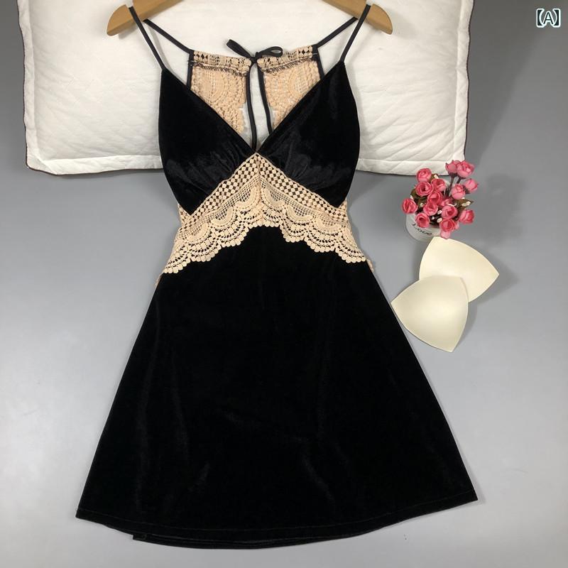 ベビードール ランジェリー パジャマ ネグリジェ キャミソール ナイトウェア レディース 魅惑的 サスペンダー ナイトガウン 胸パッド付き 春秋 ゴールド ベルベット 無地 レース スプライシング 韓国 ホームウェア