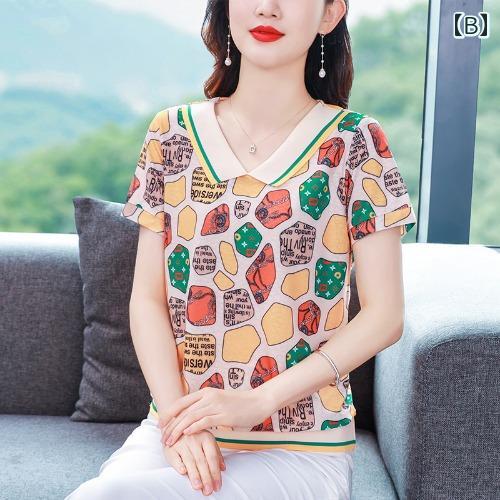 トップス レディース マザーズ 婦人服 普段使い ママ 夏 ベビー ドール 襟 半袖 プリント レター ストレッチ 冷感 薄手 Tシャツ フラワー