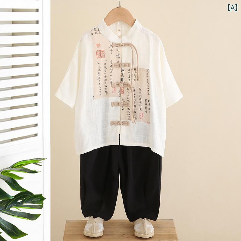 Occidental Goods - 漢服 子供服 夏服 民族衣装 かわいい 夏服 民族衣装 COS チャイニーズ スタイル 男の子 子供用 唐装 中華 伝統的 中国 学校 制服 エスニックファッション レトロ 衣装 中華 パフォーマンス 衣装 夏 スーツ