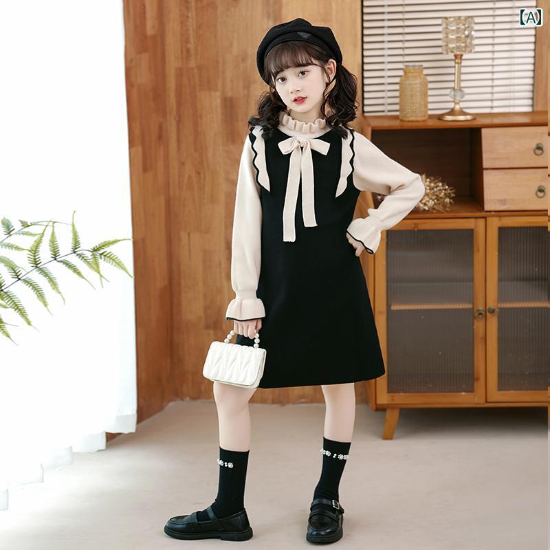 ドレス 女の子 ガールズ 秋冬 子供用 韓国 ニット セーター 大きい 子供用 スイート リボン プリンセス