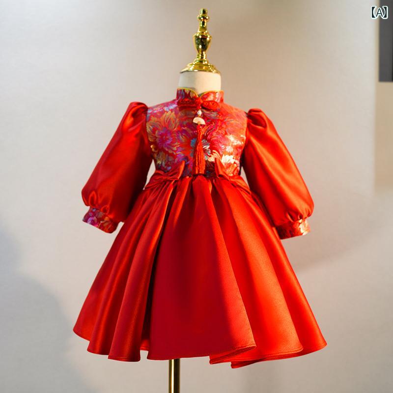 ドレス 発表会 ガールズ 赤い フラワーガール チャイナ プリンセス ガールズ 1歳 誕生日 ホスト 子供 ..