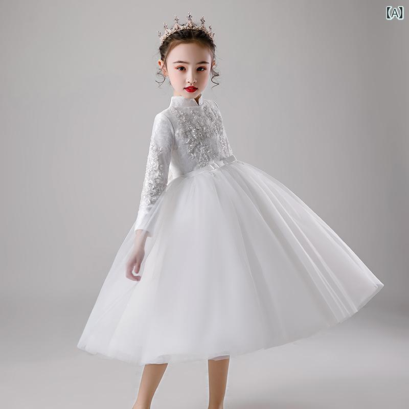 ドレス 女の子 ガールズ チャイナ プリンセス 子供 ふわふわ ガーゼ 花 フェアリー 白 ロング ガールズ 主催 パフォーマンス 服