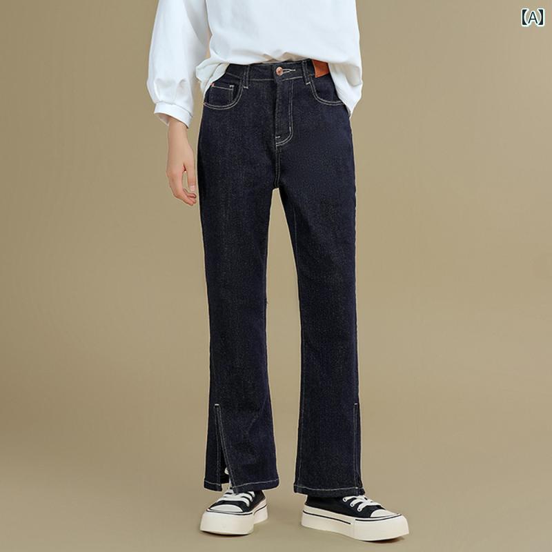 パンツ 女の子 ガールズ 春秋 ジーンズ アウターウェア 小中学生 子供用 スリムフィット マイクロ ブーツ スリット カジュアル ベルボトムパンツ
